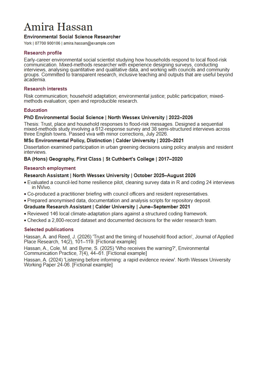 Academic CV template: first page of the fictional environmental social science researcher example, showing the section order Research profile, Research interests, Education, Research employment, Selected publications, Teaching and supervision, Conferences and engagement, Methods and technical skills, Awards and service.
