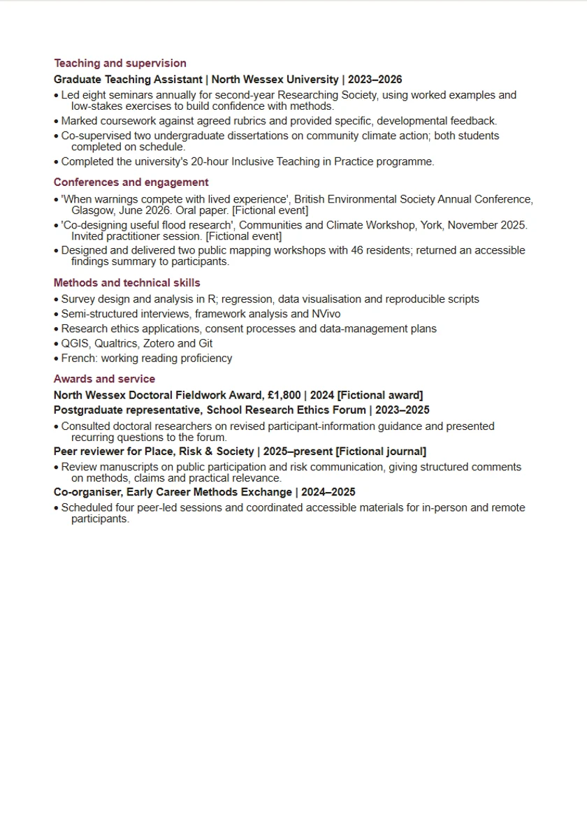 Academic CV template: fictional example, page 2. Full text is available below.