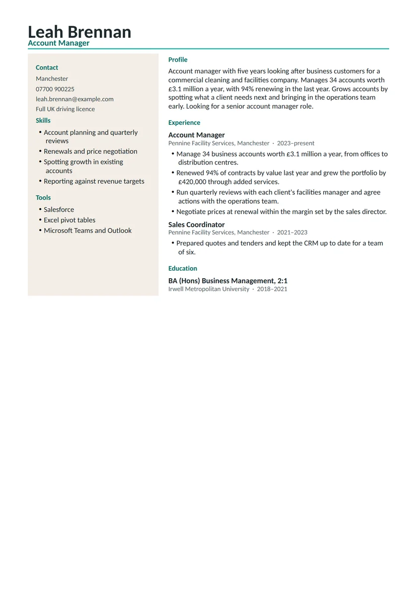 Account manager CV example: fictional example, page 1. Full text is available below.