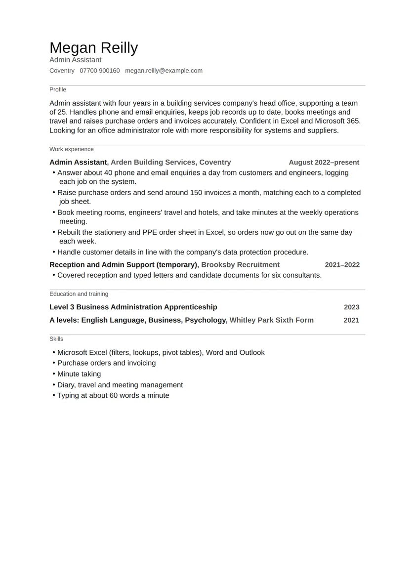 Admin assistant CV example: fictional example, page 1. Full text is available below.