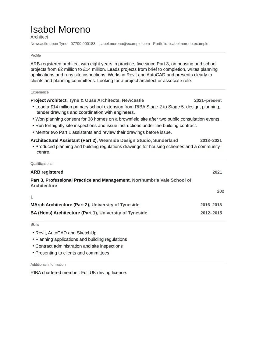 Architect CV example: fictional example, page 1. Full text is available below.