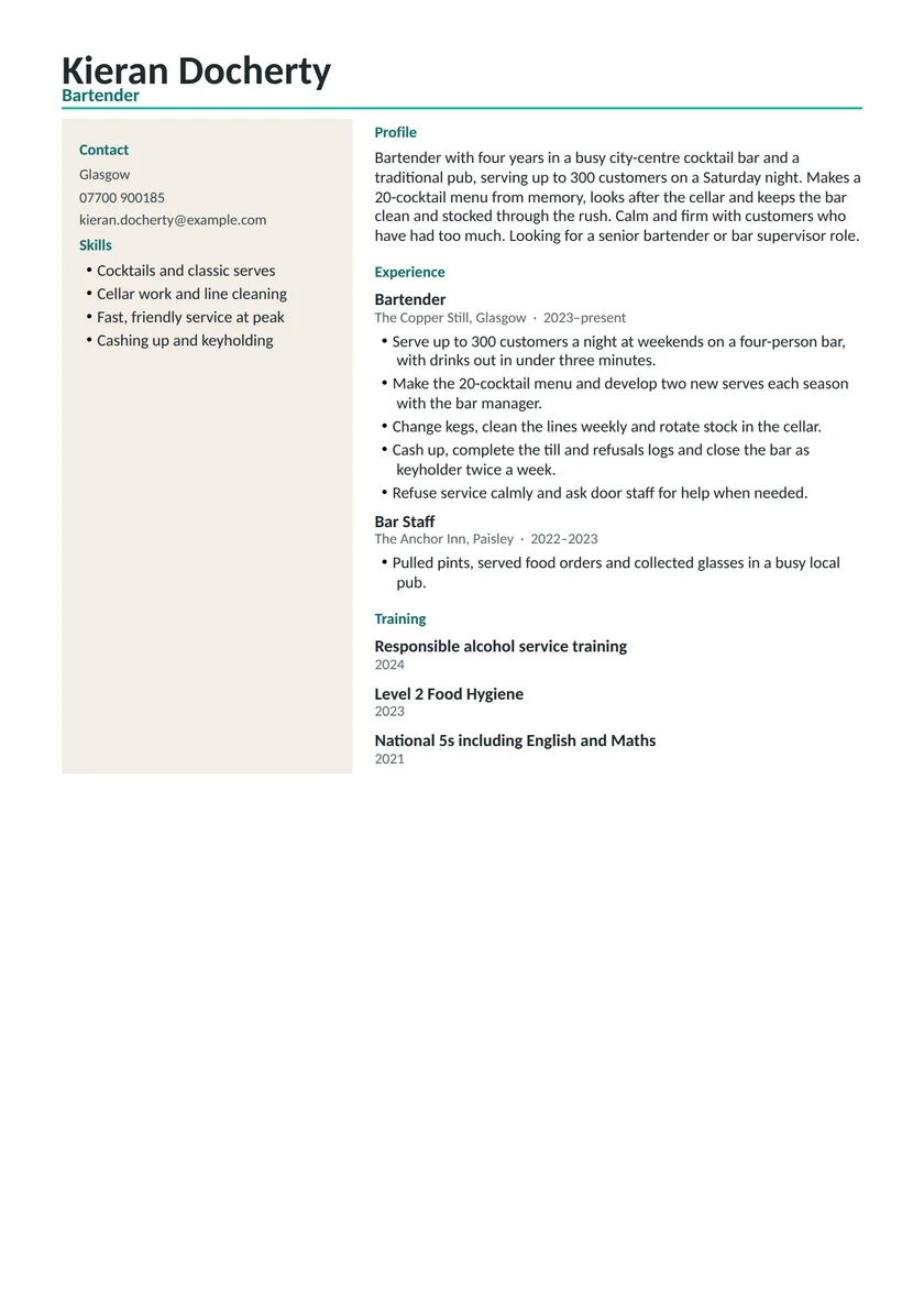 Bartender CV example: fictional example, page 1. Full text is available below.