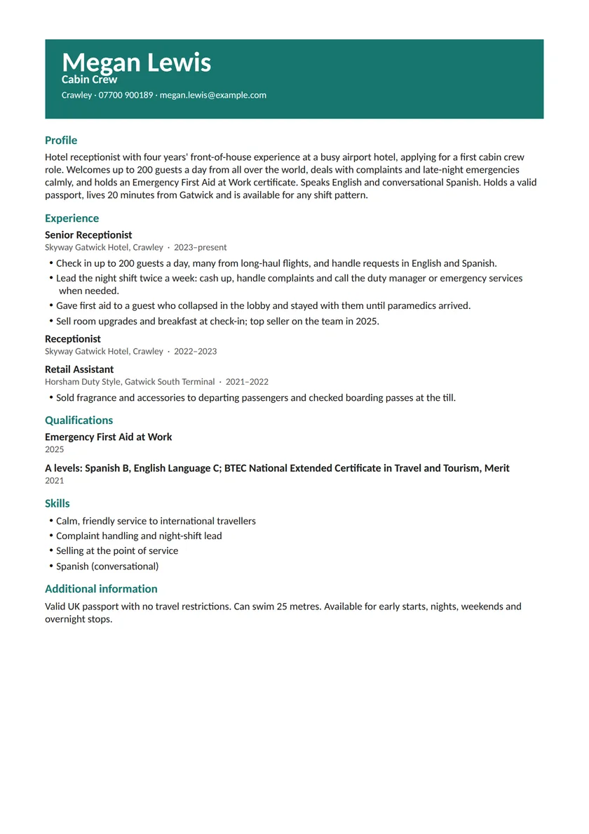 Cabin crew CV example: fictional example, page 1. Full text is available below.