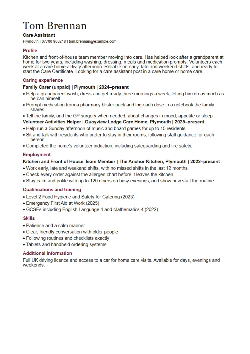 Care assistant CV with no experience: fictional example, page 1. Full text is available below.