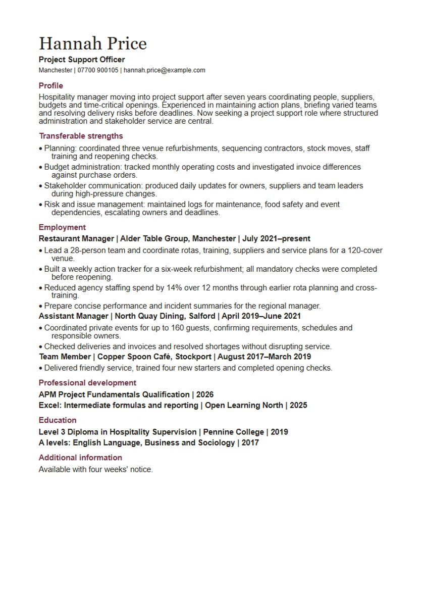 Career-change CV template: first page of the fictional project support officer example, showing the section order Profile, Transferable strengths, Employment, Professional development, Education, Additional information.