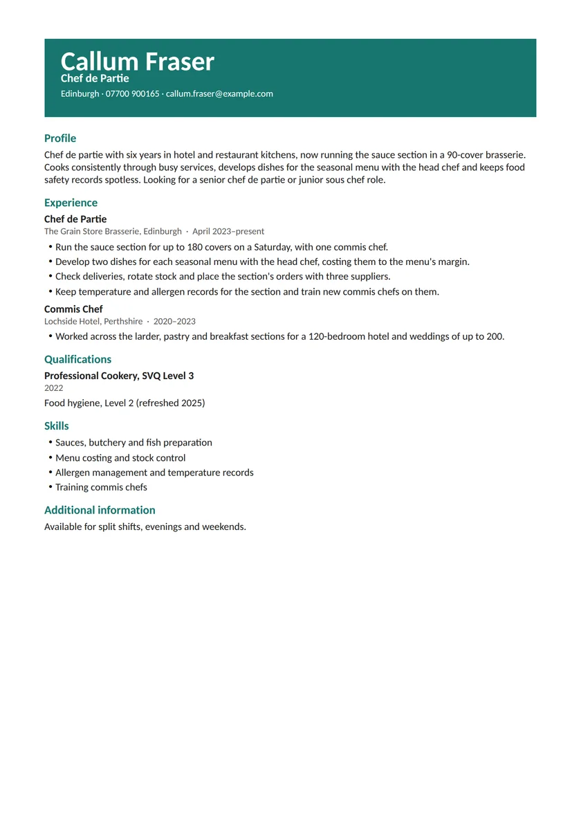 Chef CV example: fictional example, page 1. Full text is available below.