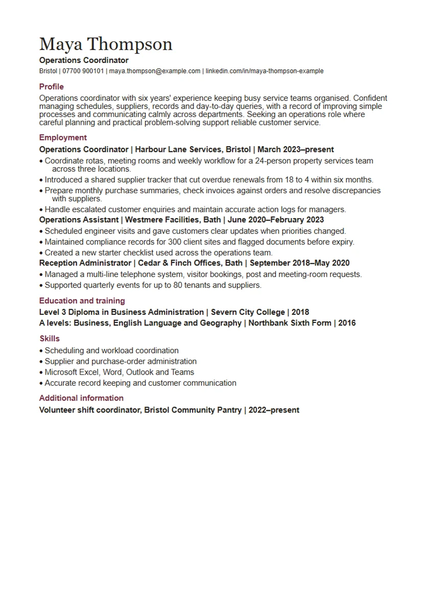 Chronological CV template: first page of the fictional operations coordinator example, showing the section order Profile, Employment, Education and training, Skills, Additional information.