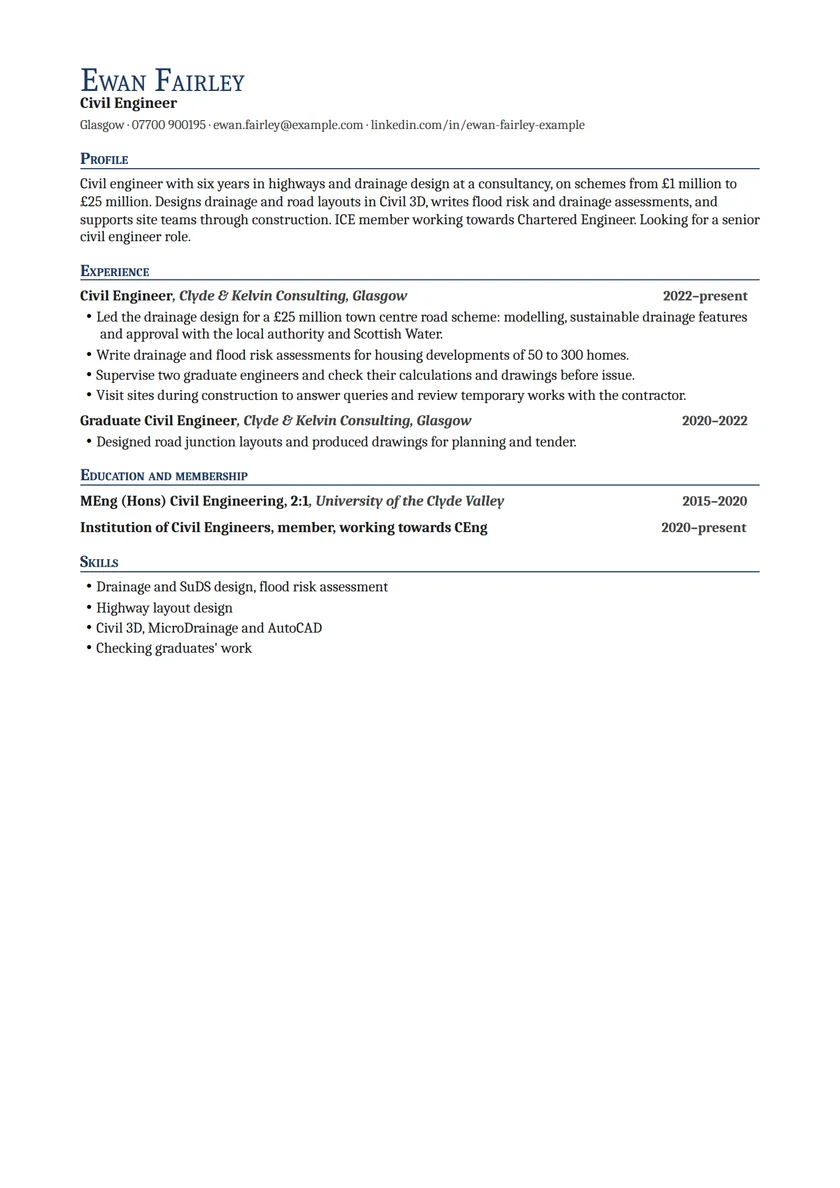 Civil engineer CV example: fictional example, page 1. Full text is available below.
