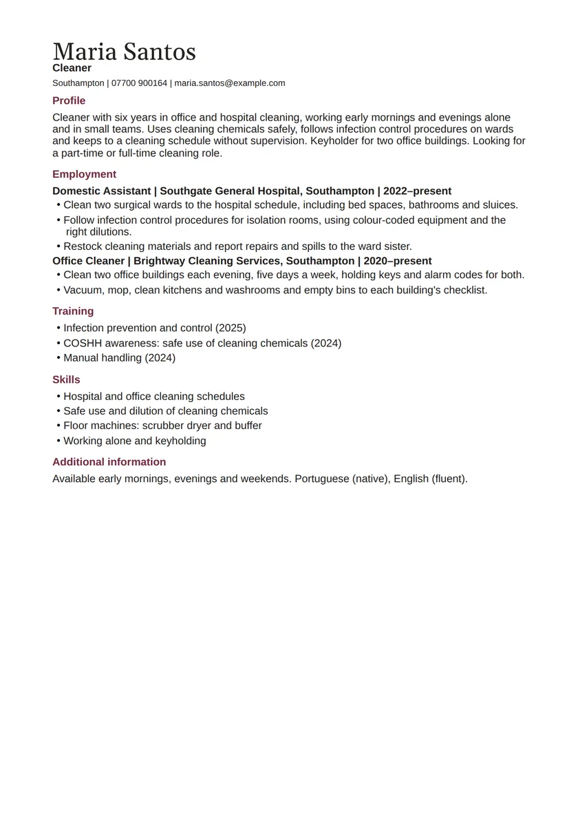 Cleaner CV example: fictional example, page 1. Full text is available below.