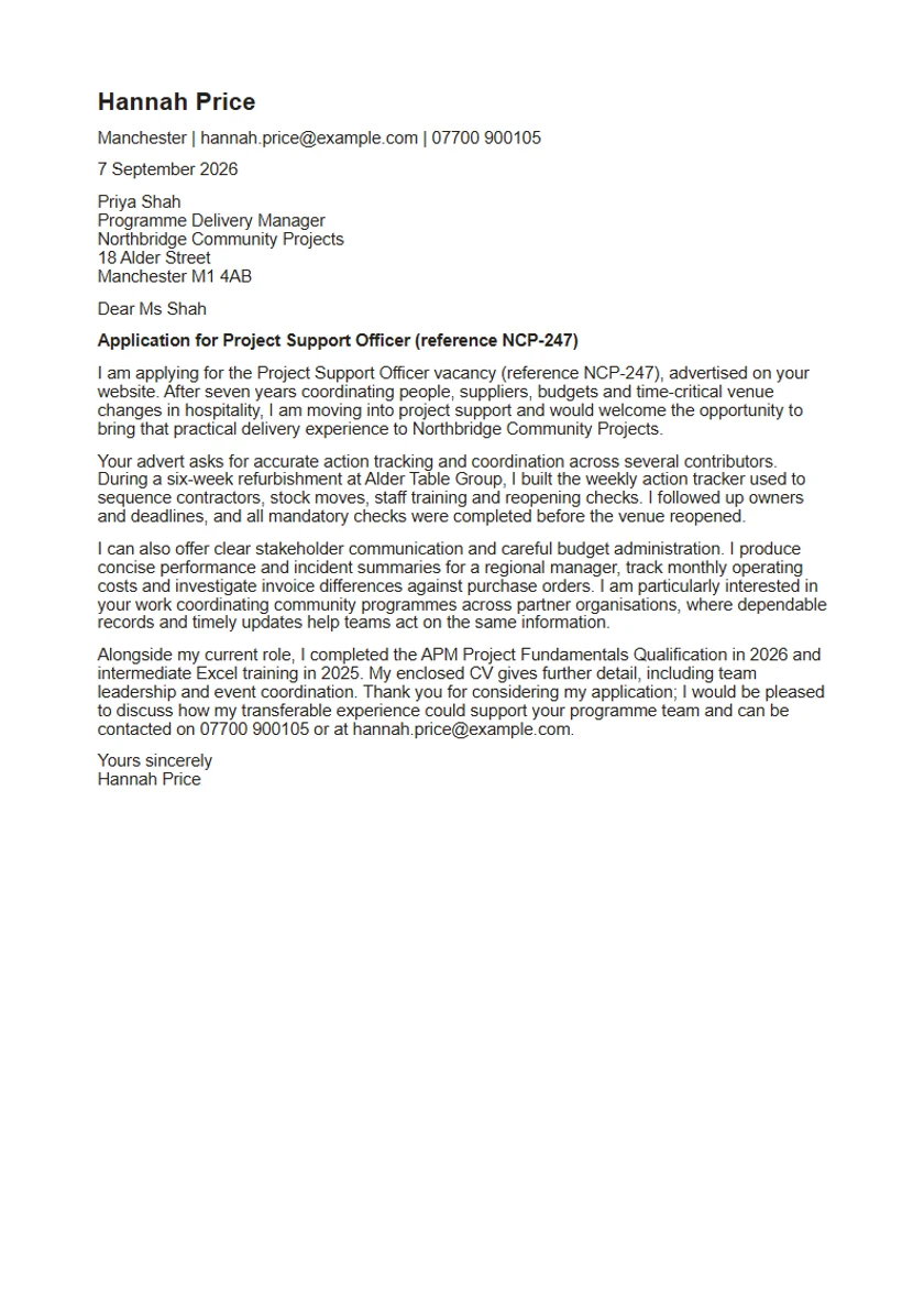One-page cover-letter example for Hannah Price, rendered from the Word download. The complete text and paragraph notes follow.