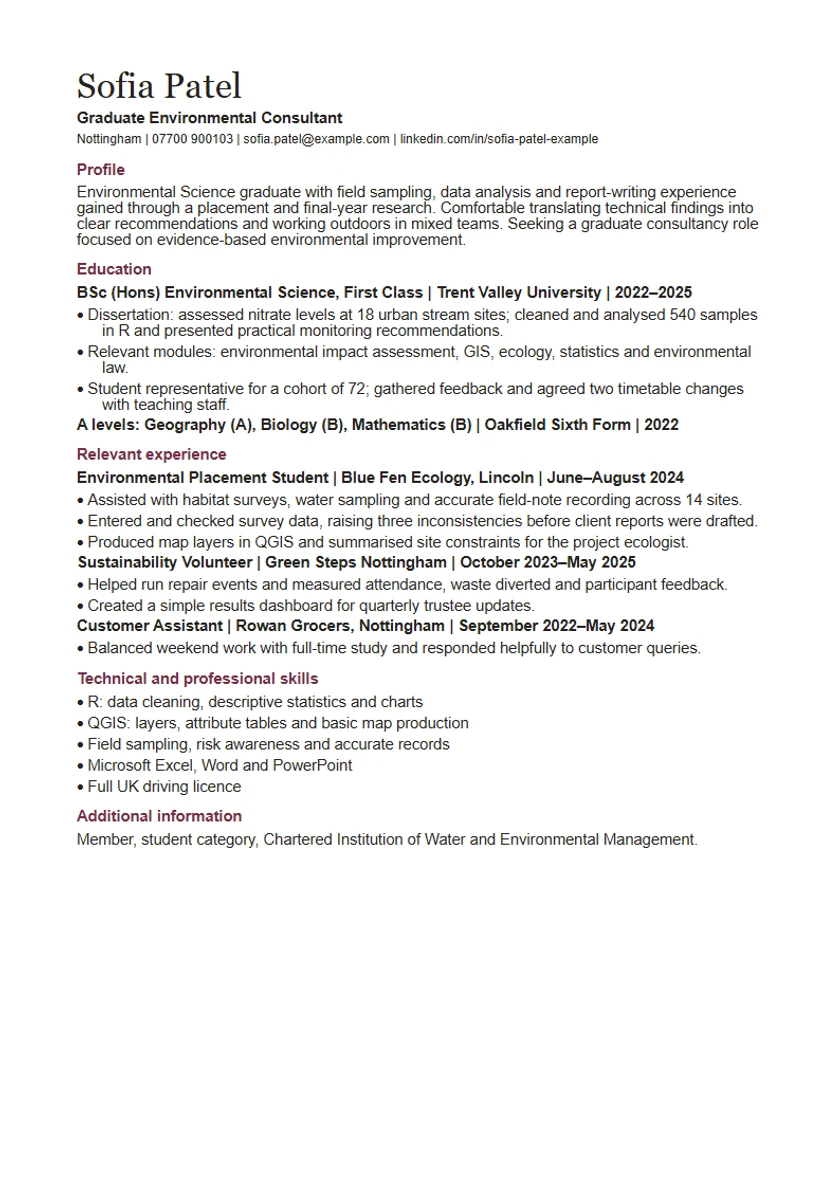 Graduate CV template: first page of the fictional graduate environmental consultant example, showing the section order Profile, Education, Relevant experience, Technical and professional skills, Additional information.