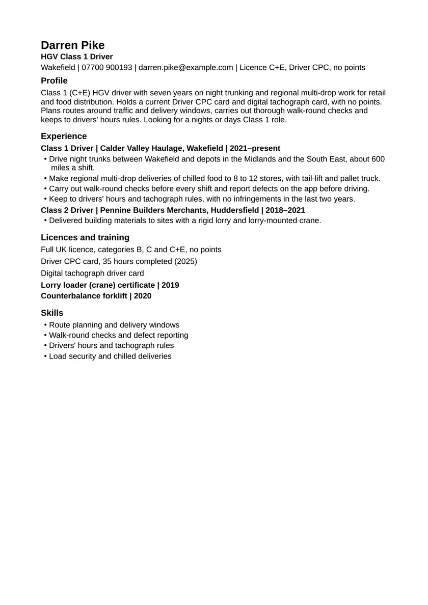 HGV driver CV example: fictional example, page 1. Full text is available below.