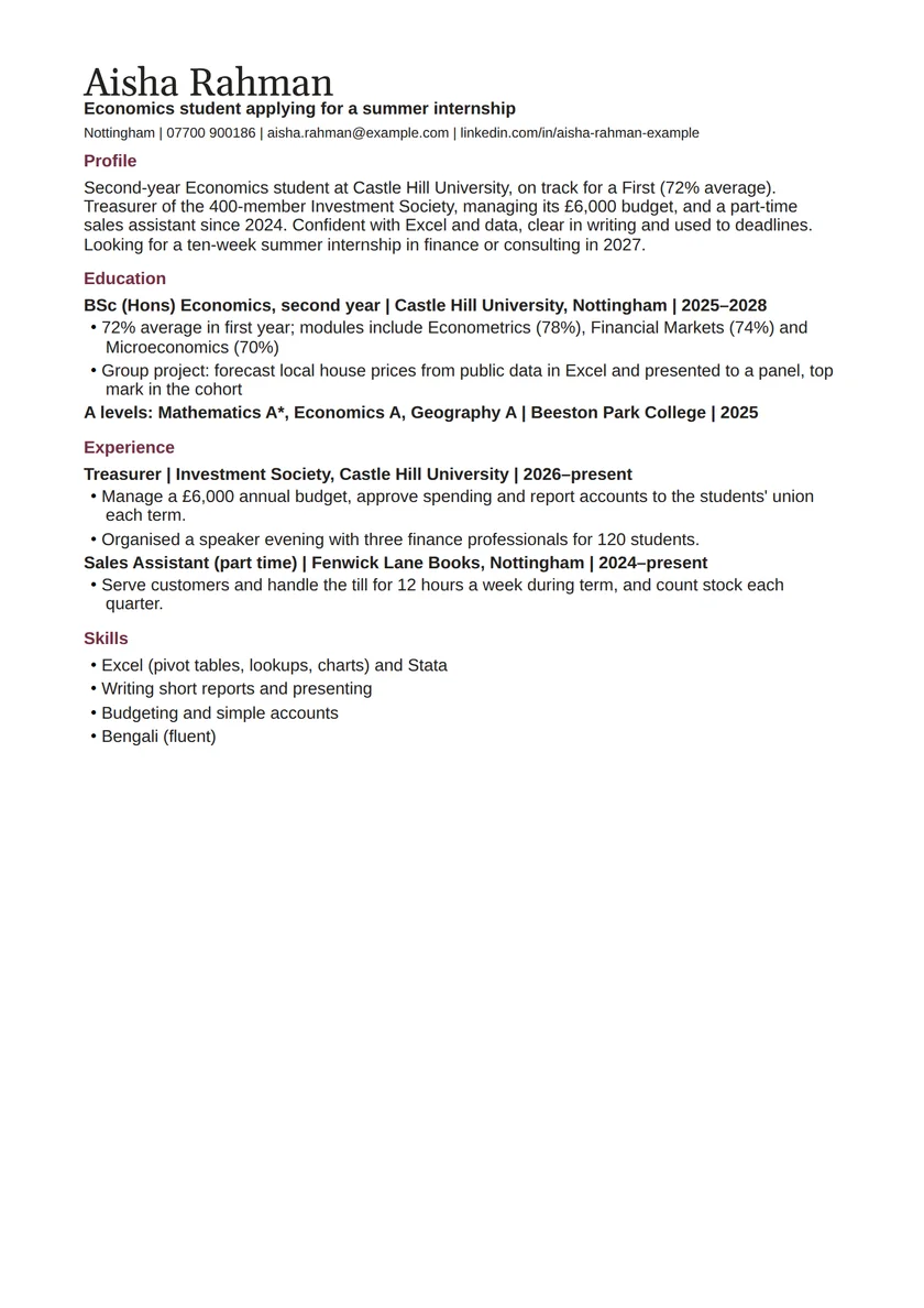 Internship CV example: fictional example, page 1. Full text is available below.