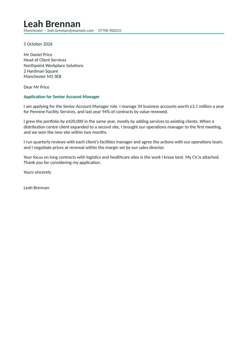 Account manager cover letter example: a fictional letter from Leah Brennan. The full text follows.