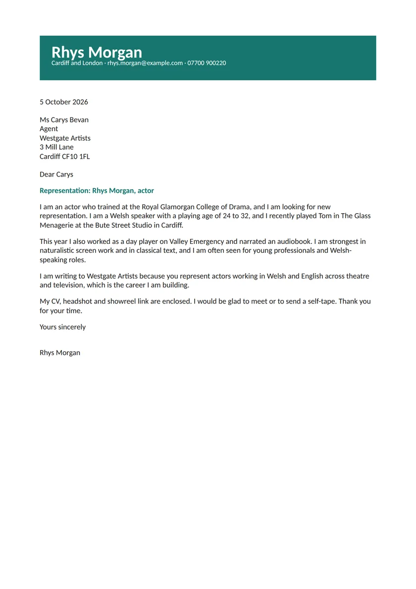 Actor cover letter example: a fictional letter from Rhys Morgan. The full text follows.