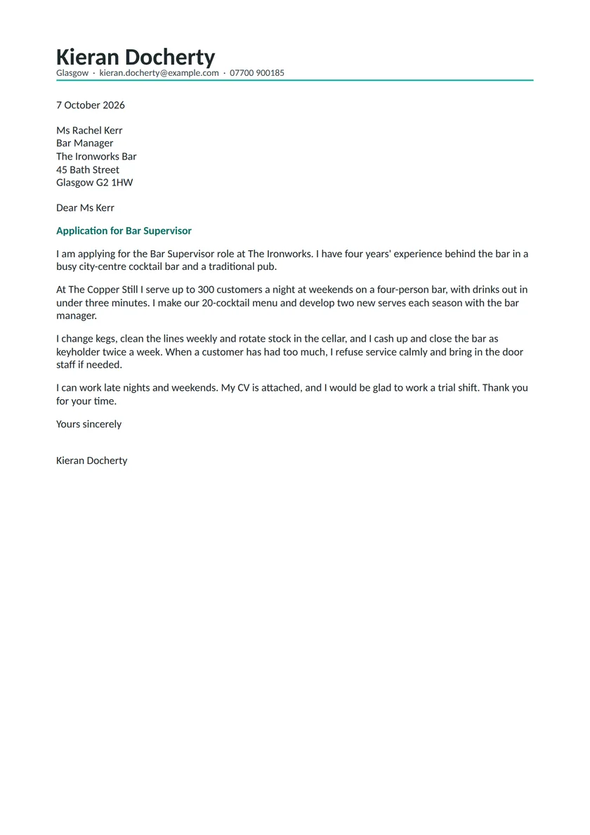Bartender cover letter example: a fictional letter from Kieran Docherty. The full text follows.