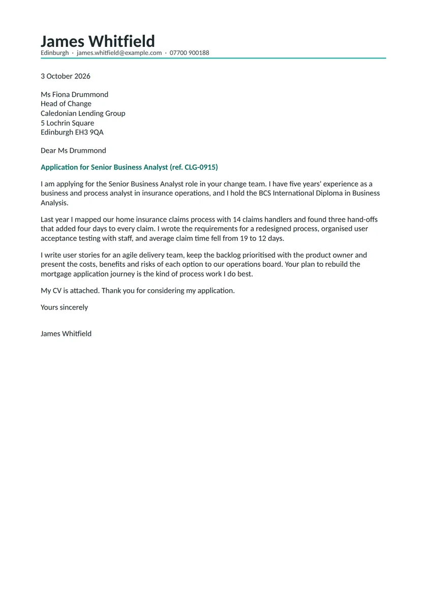 Business analyst cover letter example: a fictional letter from James Whitfield. The full text follows.