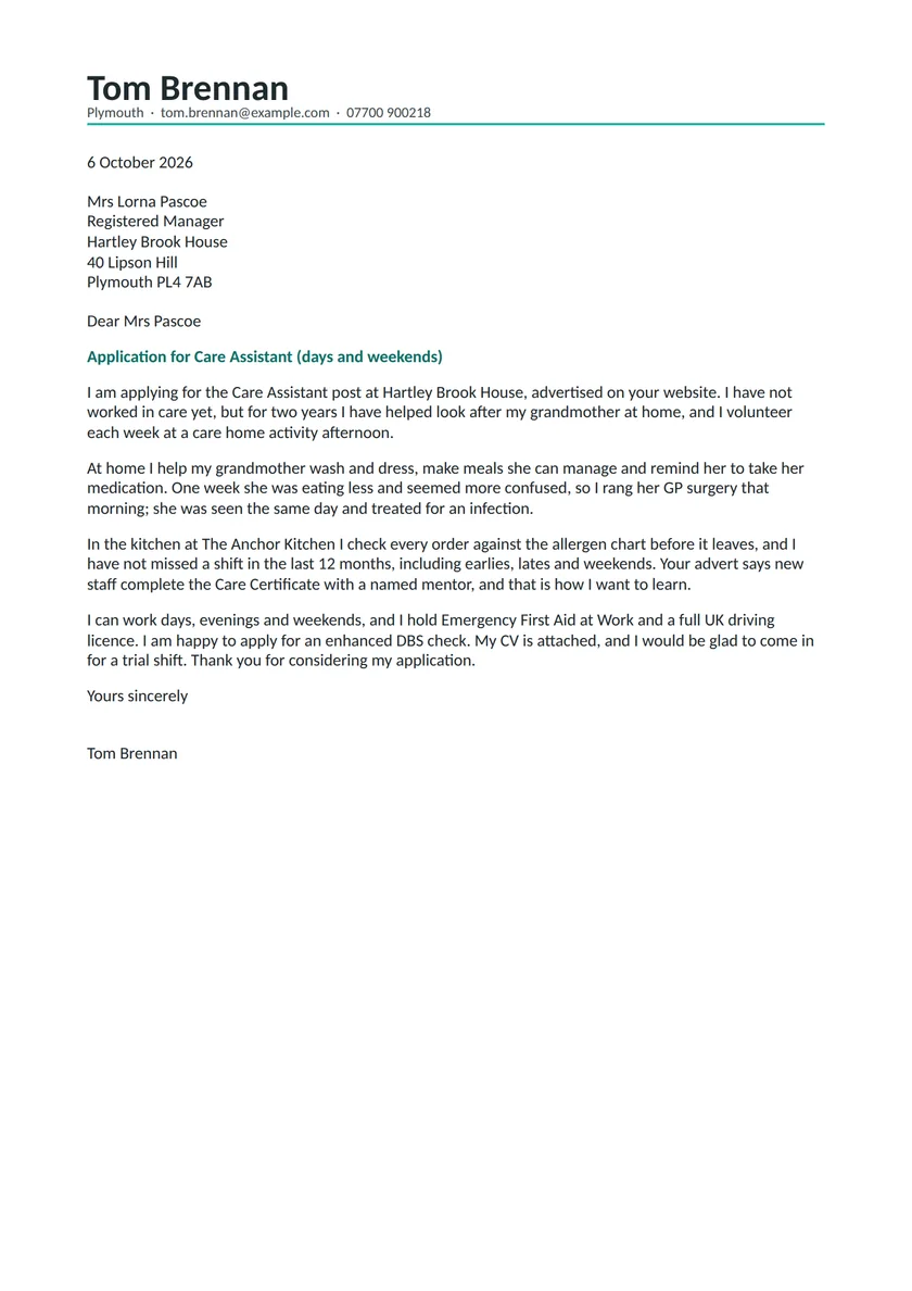 Care assistant cover letter with no experience: a fictional letter from Tom Brennan. The full text follows.