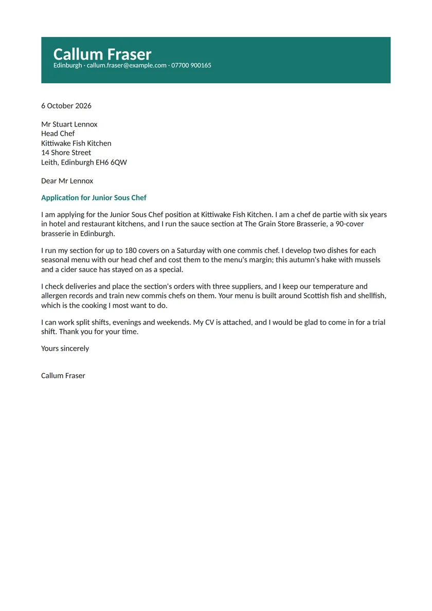 Chef cover letter example: a fictional letter from Callum Fraser. The full text follows.