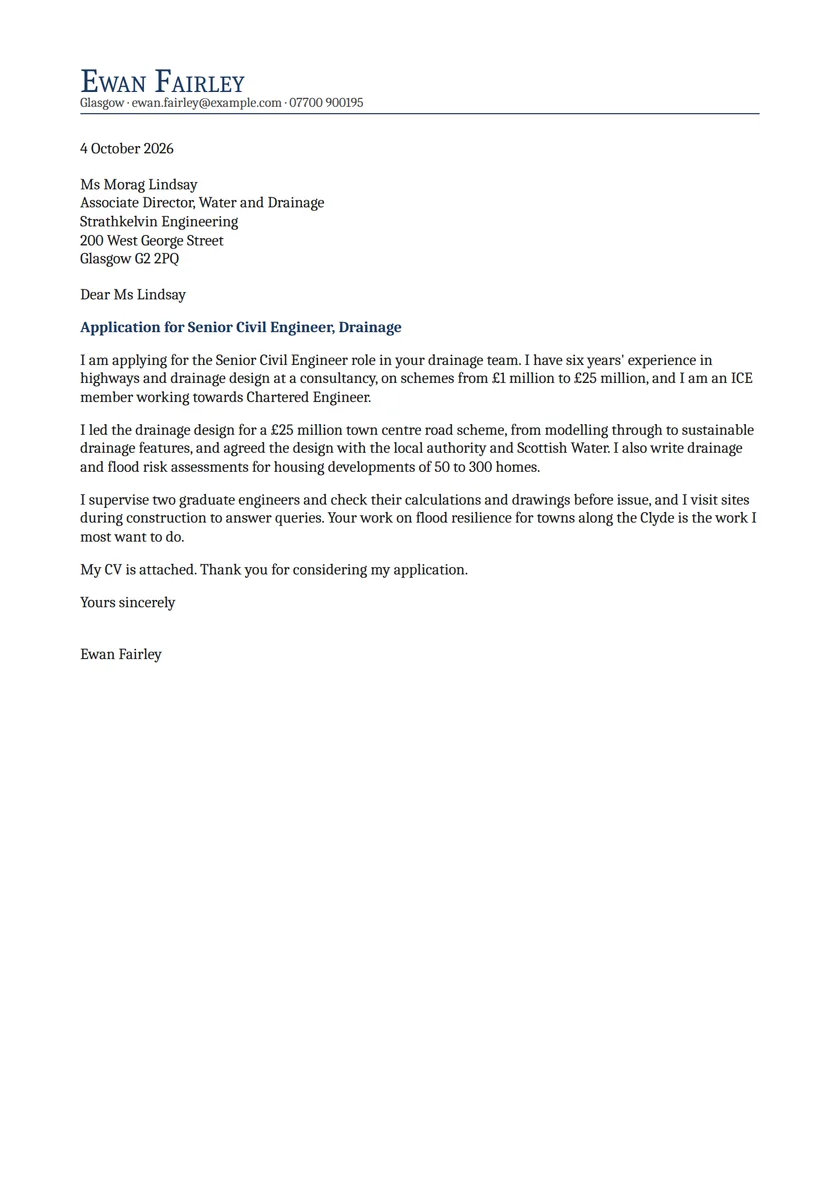 Civil engineer cover letter example: a fictional letter from Ewan Fairley. The full text follows.