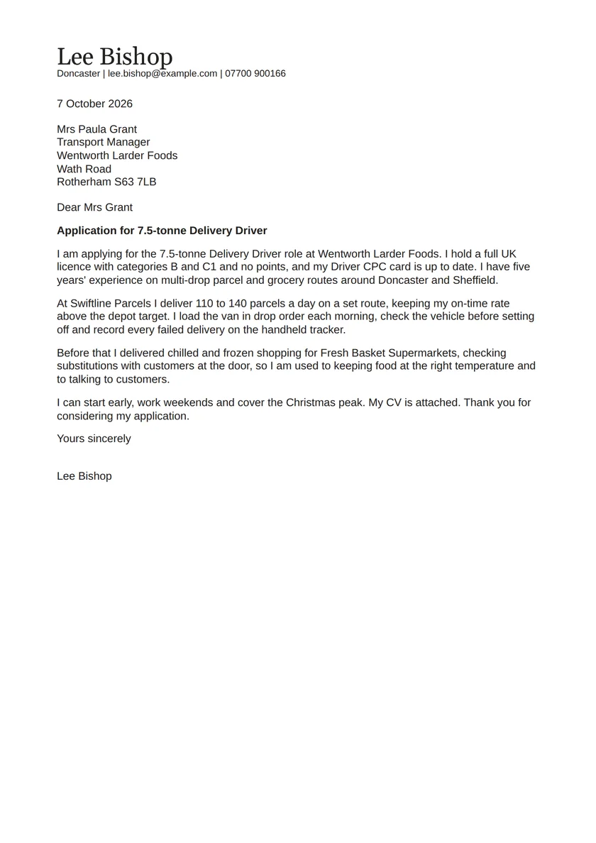 Delivery driver cover letter example: a fictional letter from Lee Bishop. The full text follows.
