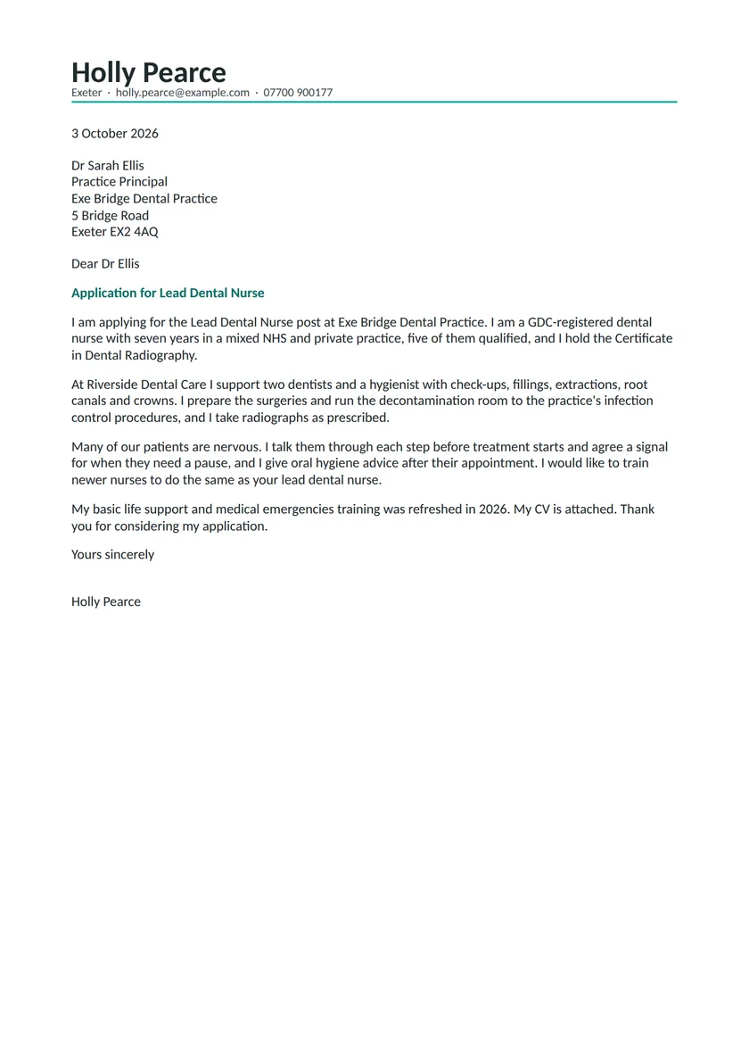 Dental nurse cover letter example: a fictional letter from Holly Pearce. The full text follows.