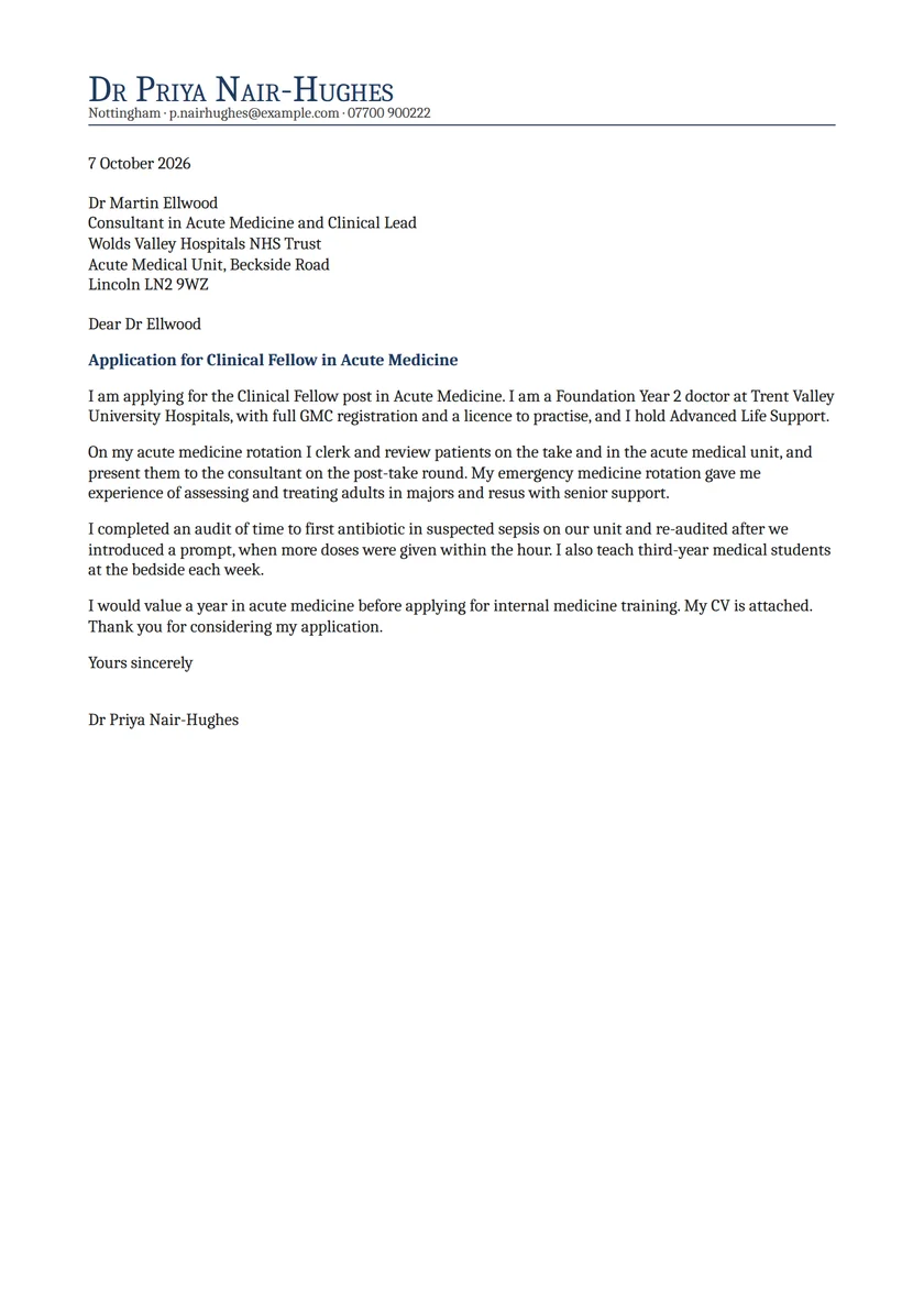 Doctor cover letter example: a fictional letter from Dr Priya Nair-Hughes. The full text follows.