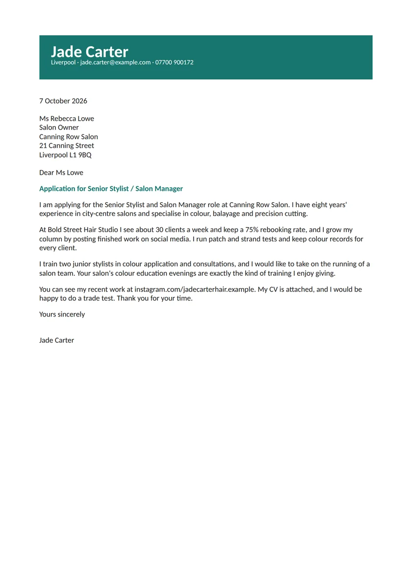Hairdresser cover letter example: a fictional letter from Jade Carter. The full text follows.
