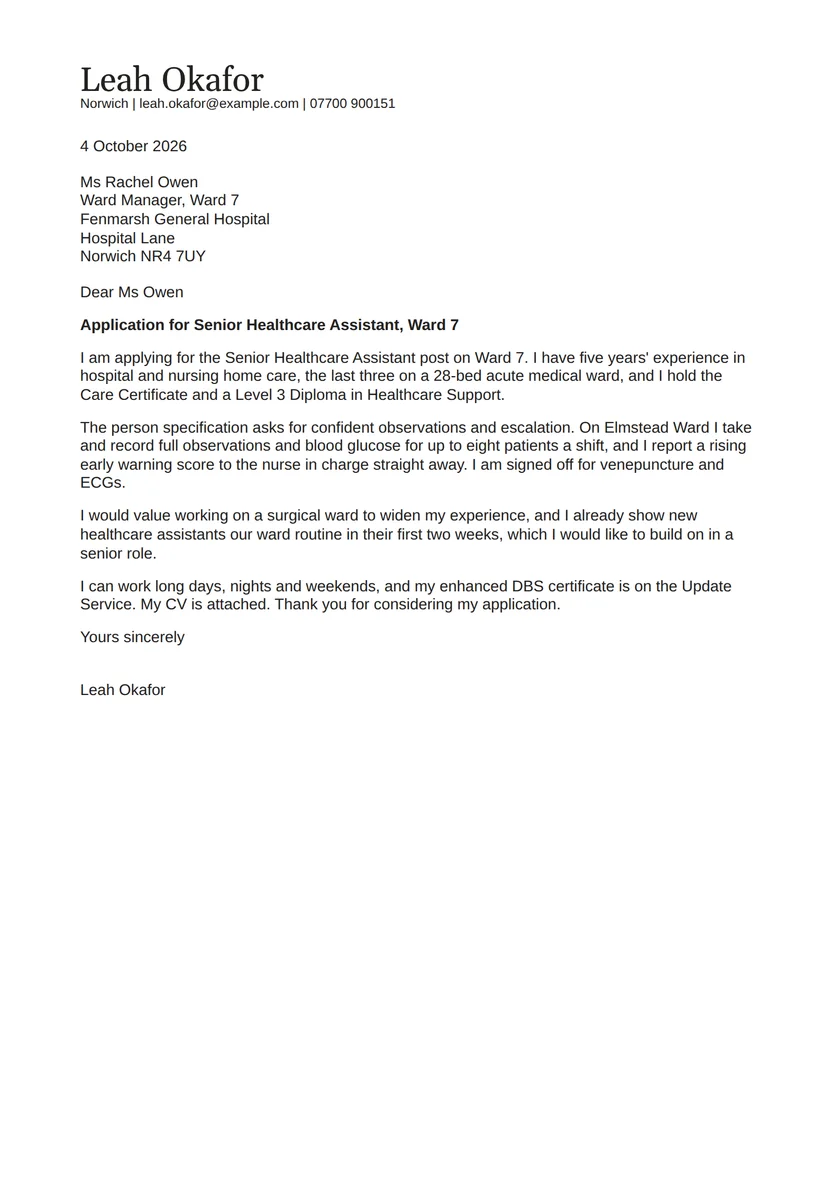 Healthcare assistant cover letter example: a fictional letter from Leah Okafor. The full text follows.