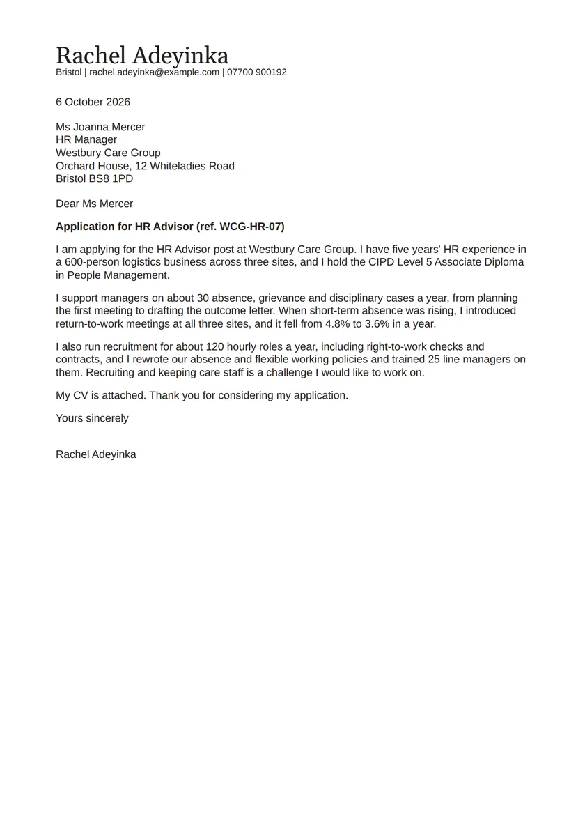 HR officer cover letter example: a fictional letter from Rachel Adeyinka. The full text follows.