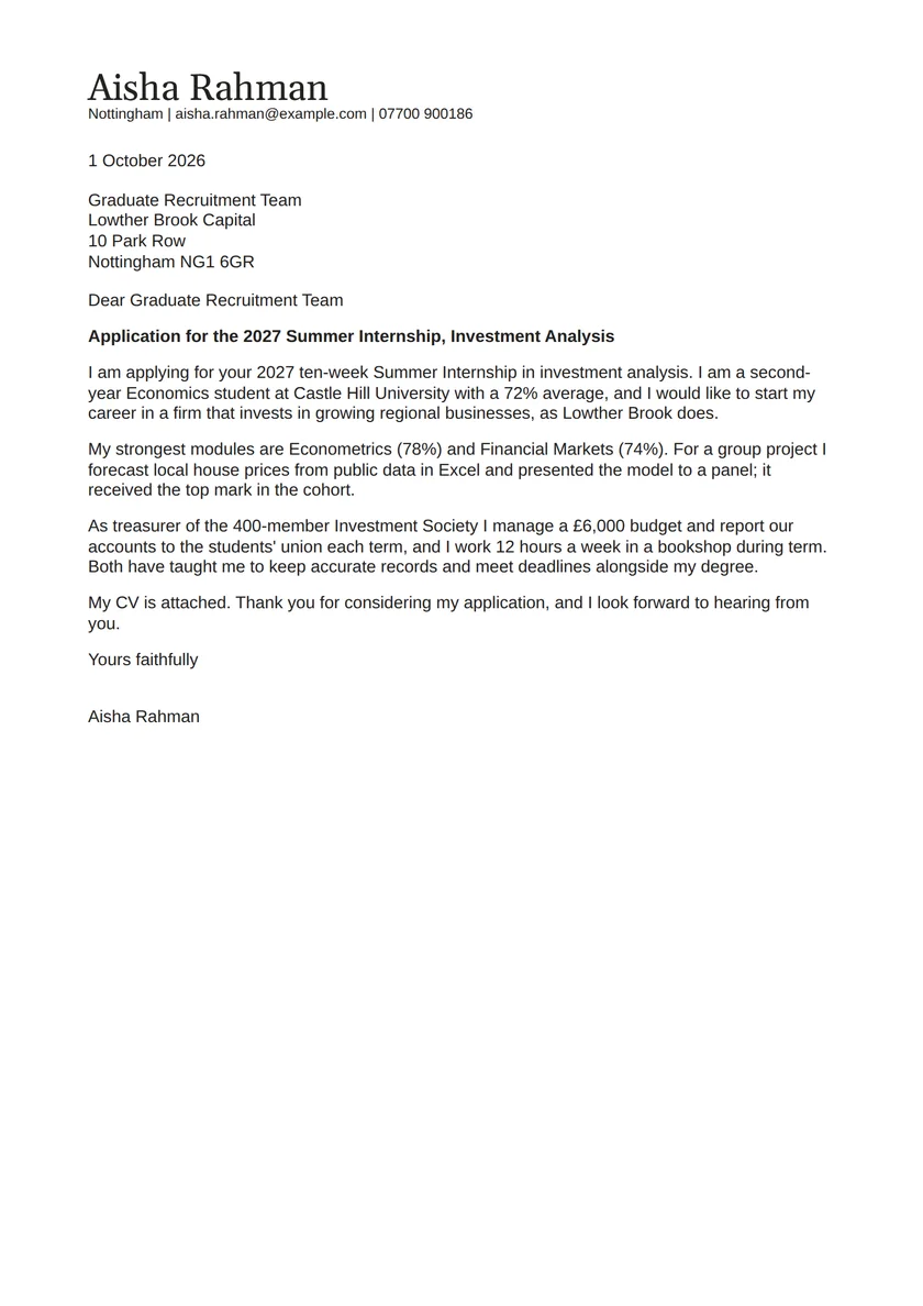 Internship cover letter example: a fictional letter from Aisha Rahman. The full text follows.
