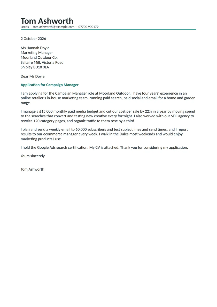 Marketing executive cover letter example: a fictional letter from Tom Ashworth. The full text follows.