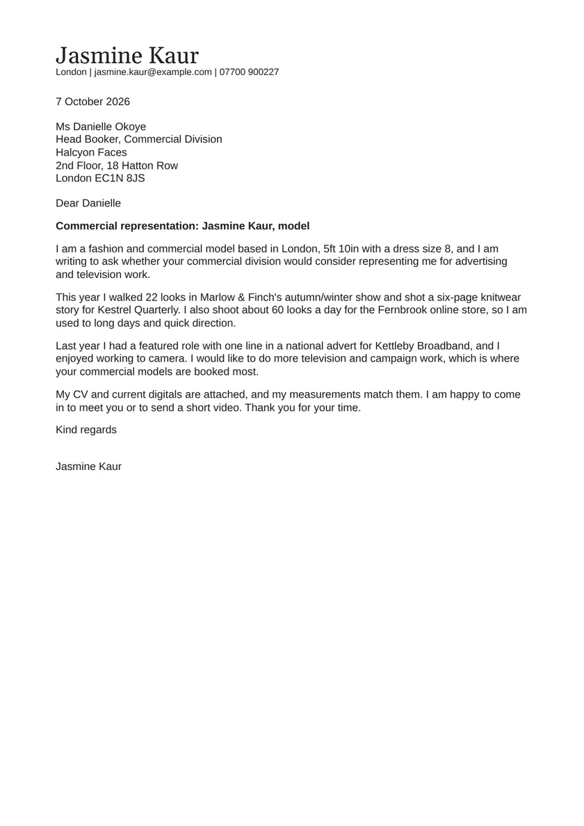 Model cover letter example: a fictional letter from Jasmine Kaur. The full text follows.