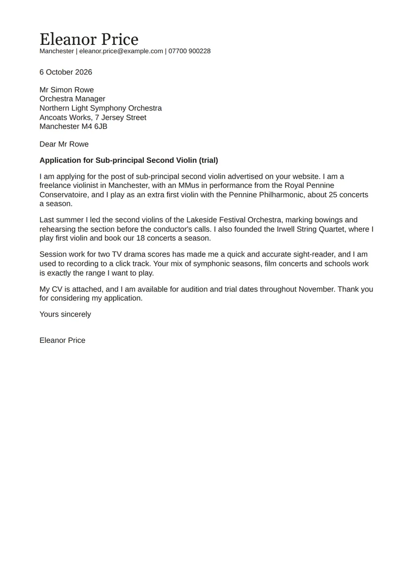 Musician cover letter example: a fictional letter from Eleanor Price. The full text follows.