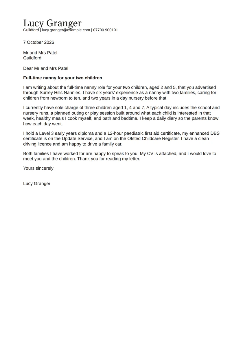 Nanny cover letter example: a fictional letter from Lucy Granger. The full text follows.