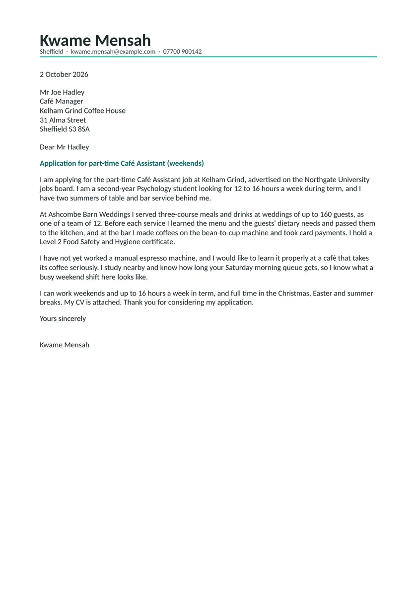 Part-time job cover letter example for students: a fictional letter from Kwame Mensah. The full text follows.