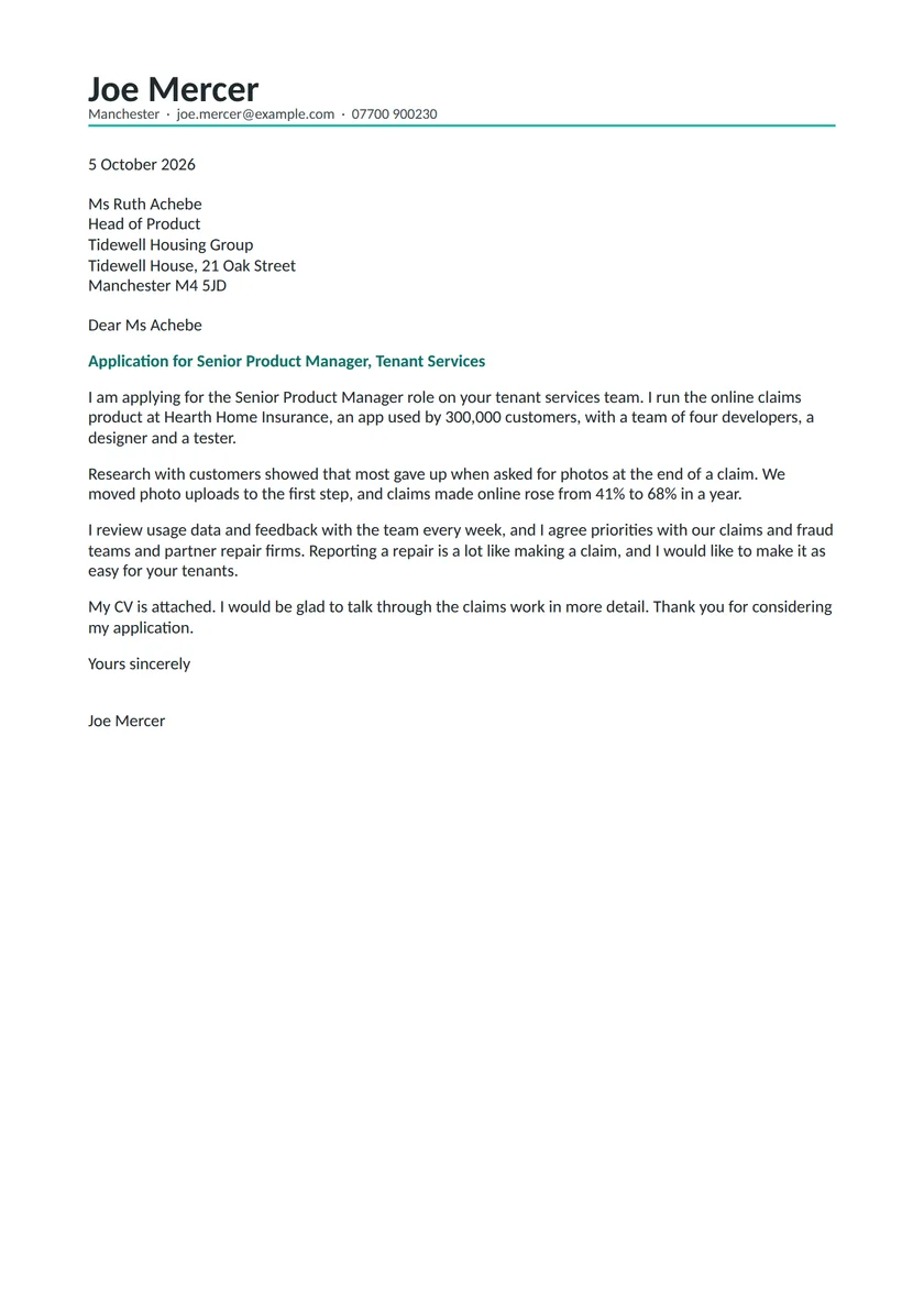 Product manager cover letter example: a fictional letter from Joe Mercer. The full text follows.