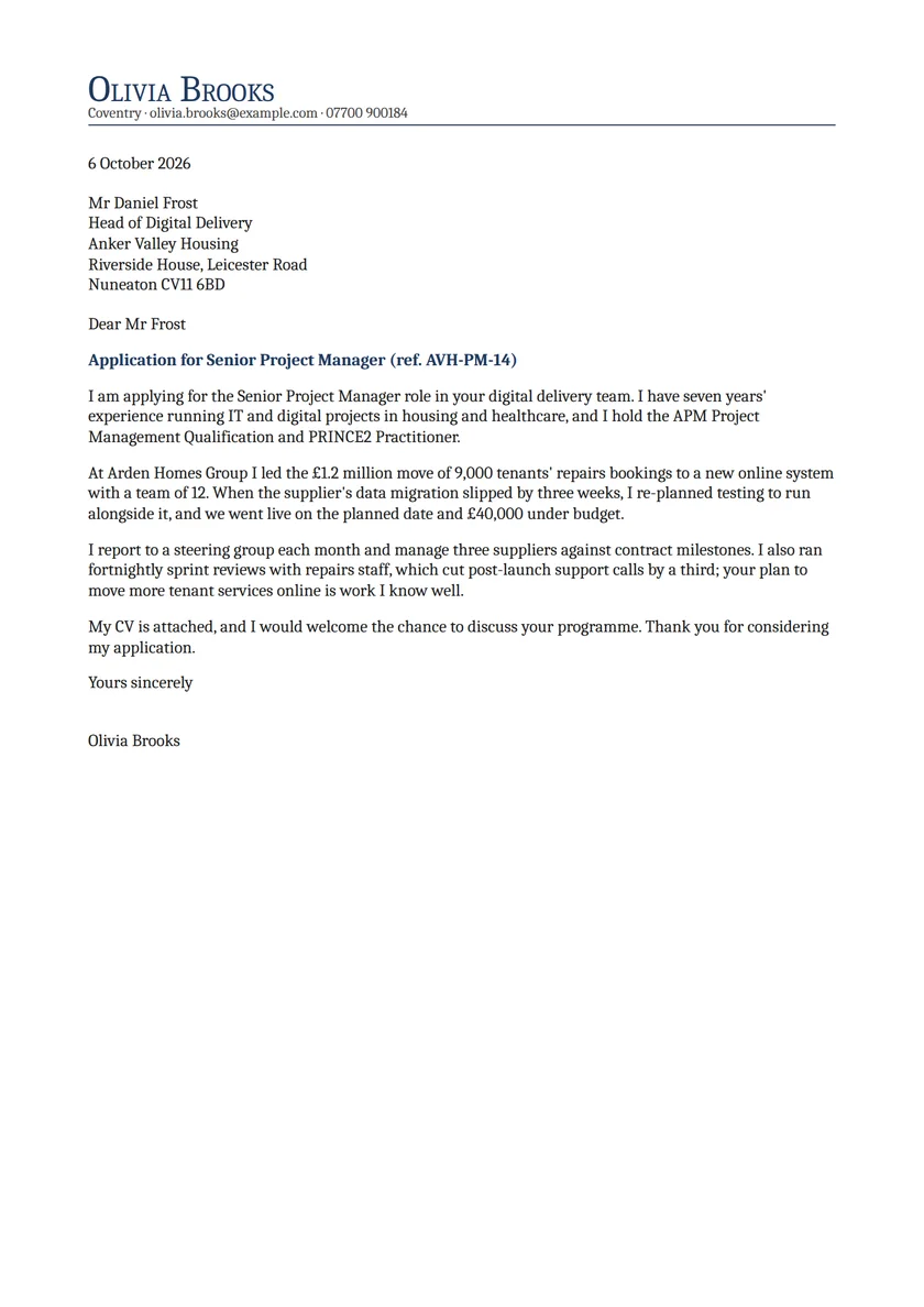 Project manager cover letter example: a fictional letter from Olivia Brooks. The full text follows.