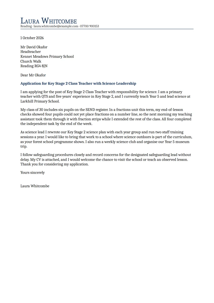Teacher cover letter example: a fictional letter from Laura Whitcombe. The full text follows.