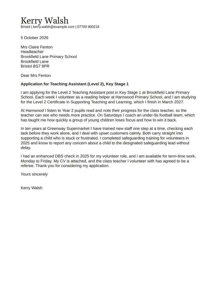 Teaching assistant cover letter with no experience: a fictional letter from Kerry Walsh. The full text follows.