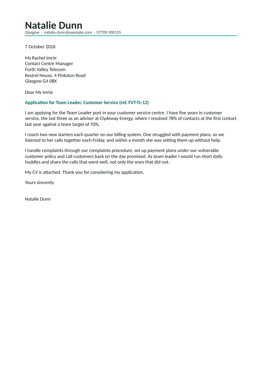 Team leader cover letter example: a fictional letter from Natalie Dunn. The full text follows.