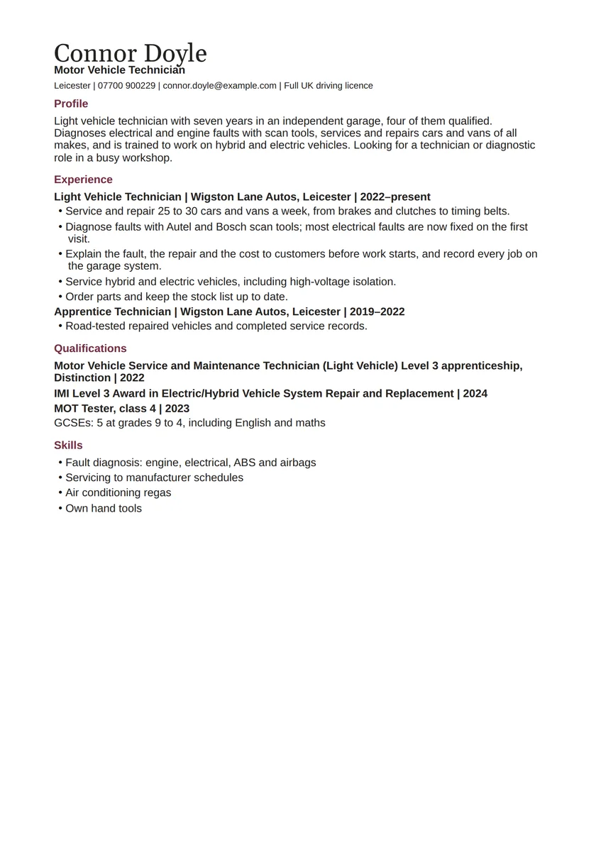 Mechanic CV example: fictional example, page 1. Full text is available below.