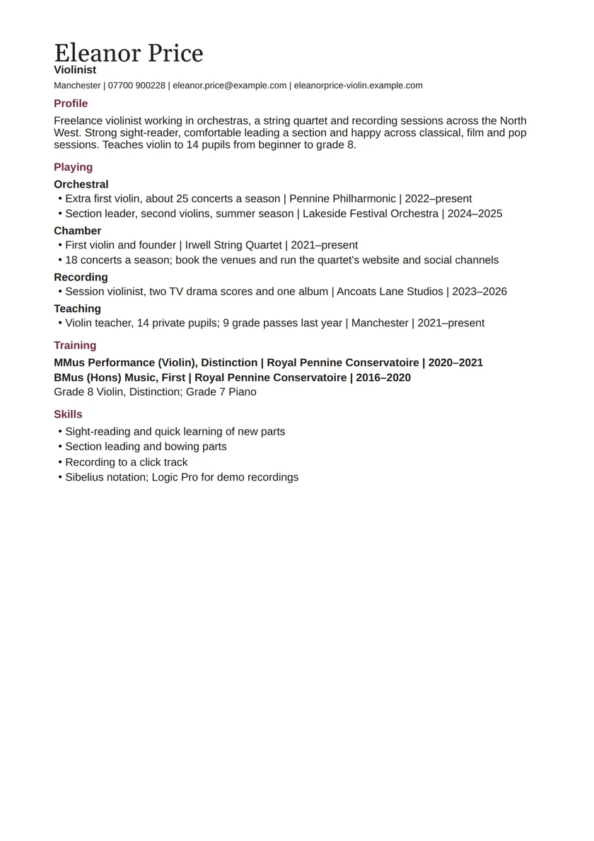 Musician CV example: fictional example, page 1. Full text is available below.
