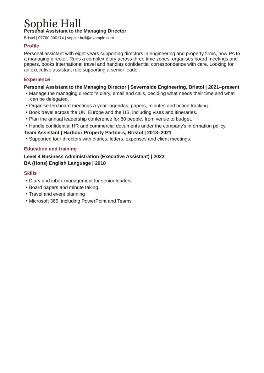 Personal assistant CV example: fictional example, page 1. Full text is available below.