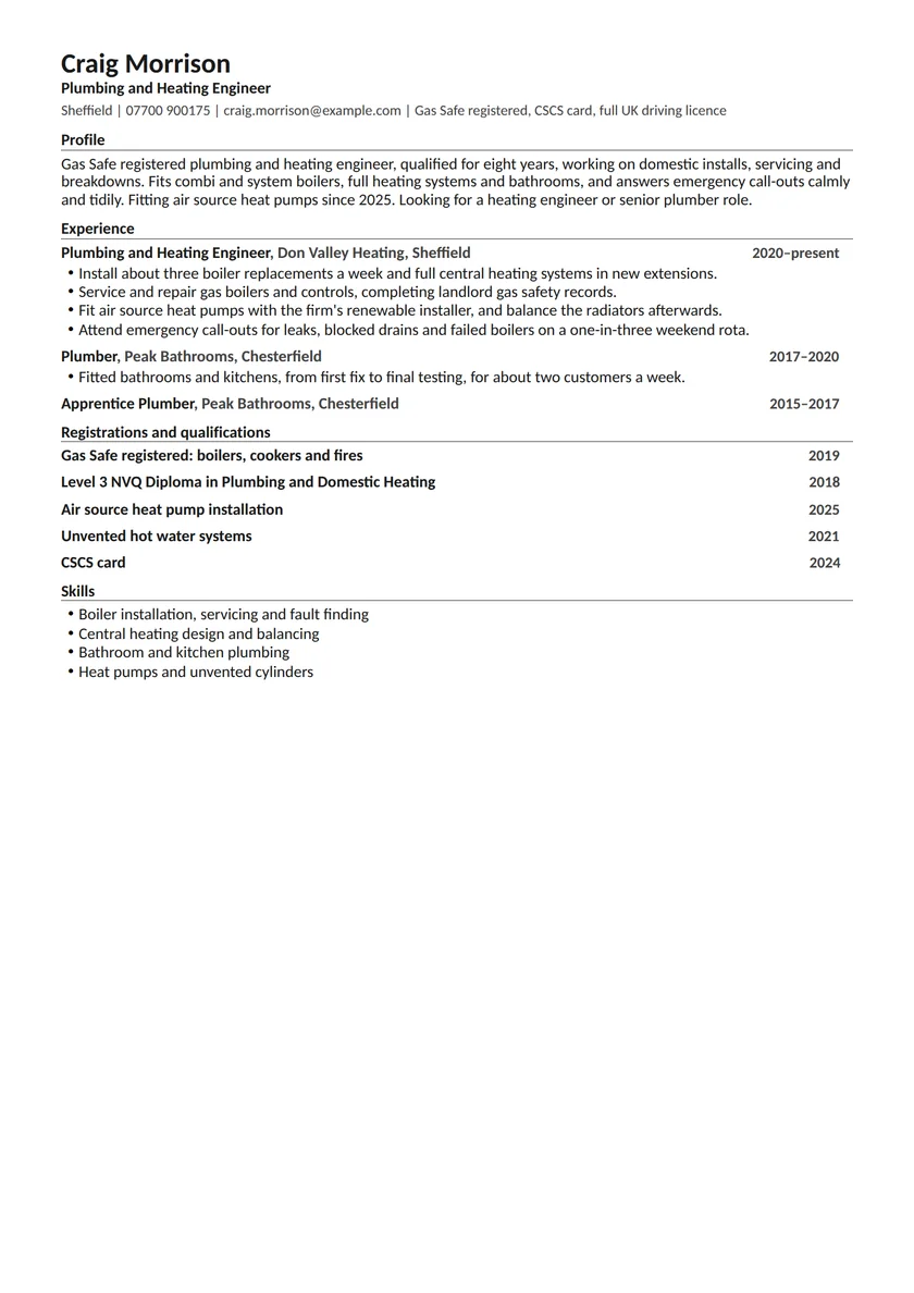 Plumber CV example: fictional example, page 1. Full text is available below.