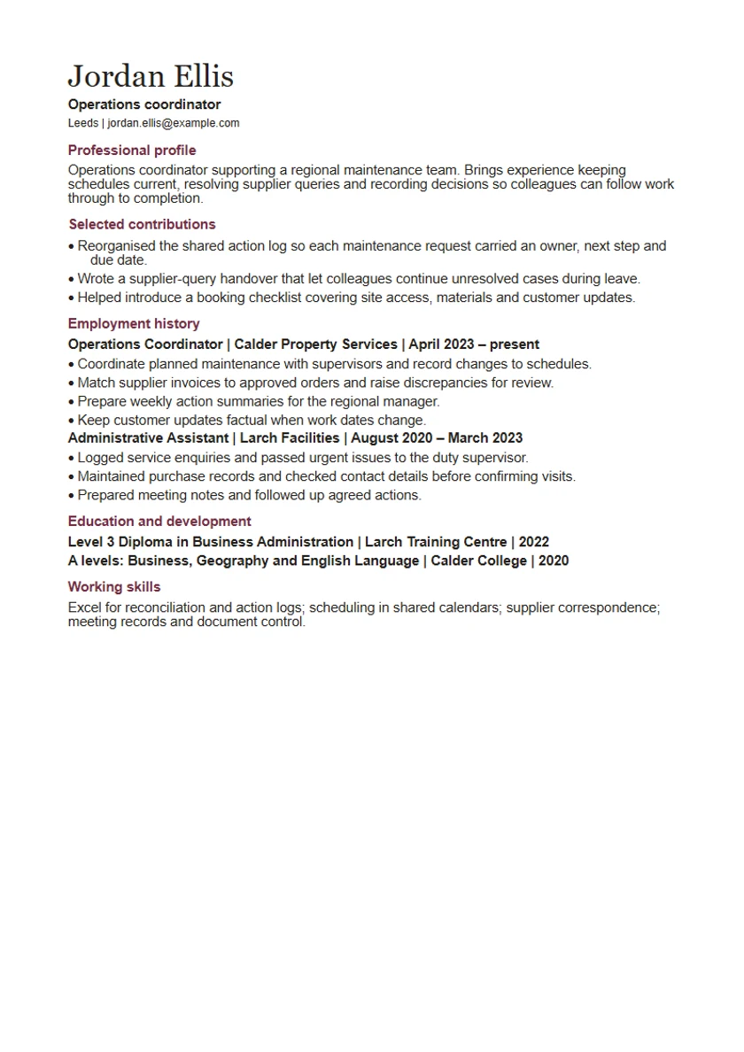 Professional CV template: fictional example, page 1. Full text is available below.