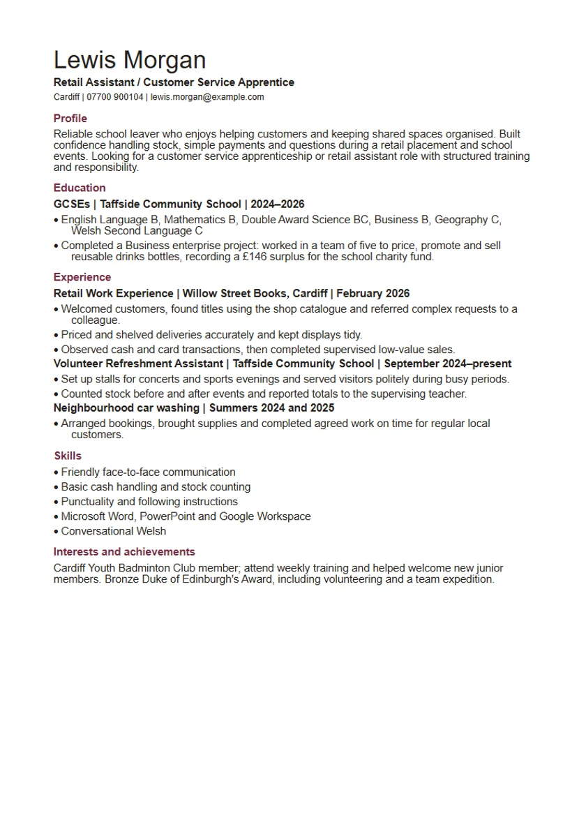 School-leaver CV template: first page of the fictional retail assistant / customer service apprentice example, showing the section order Profile, Education, Experience, Skills, Interests and achievements.