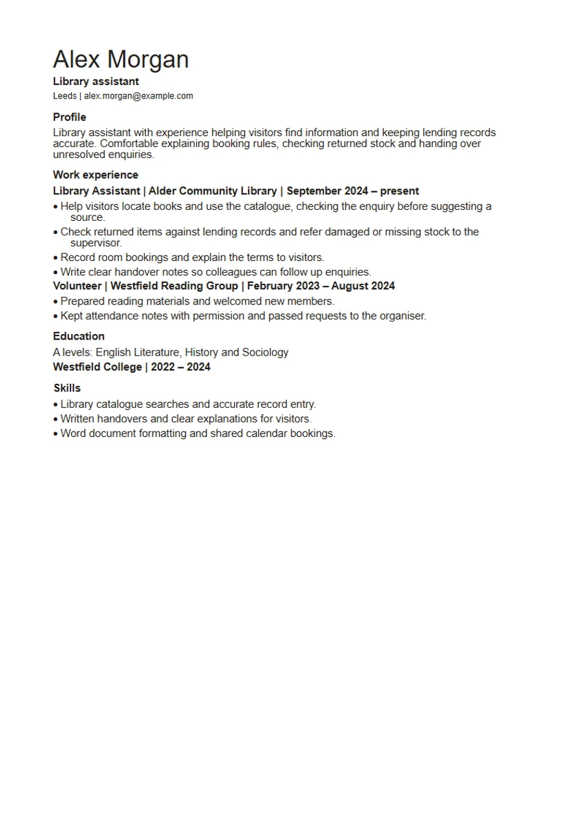 Simple CV template: fictional example, page 1. Full text is available below.