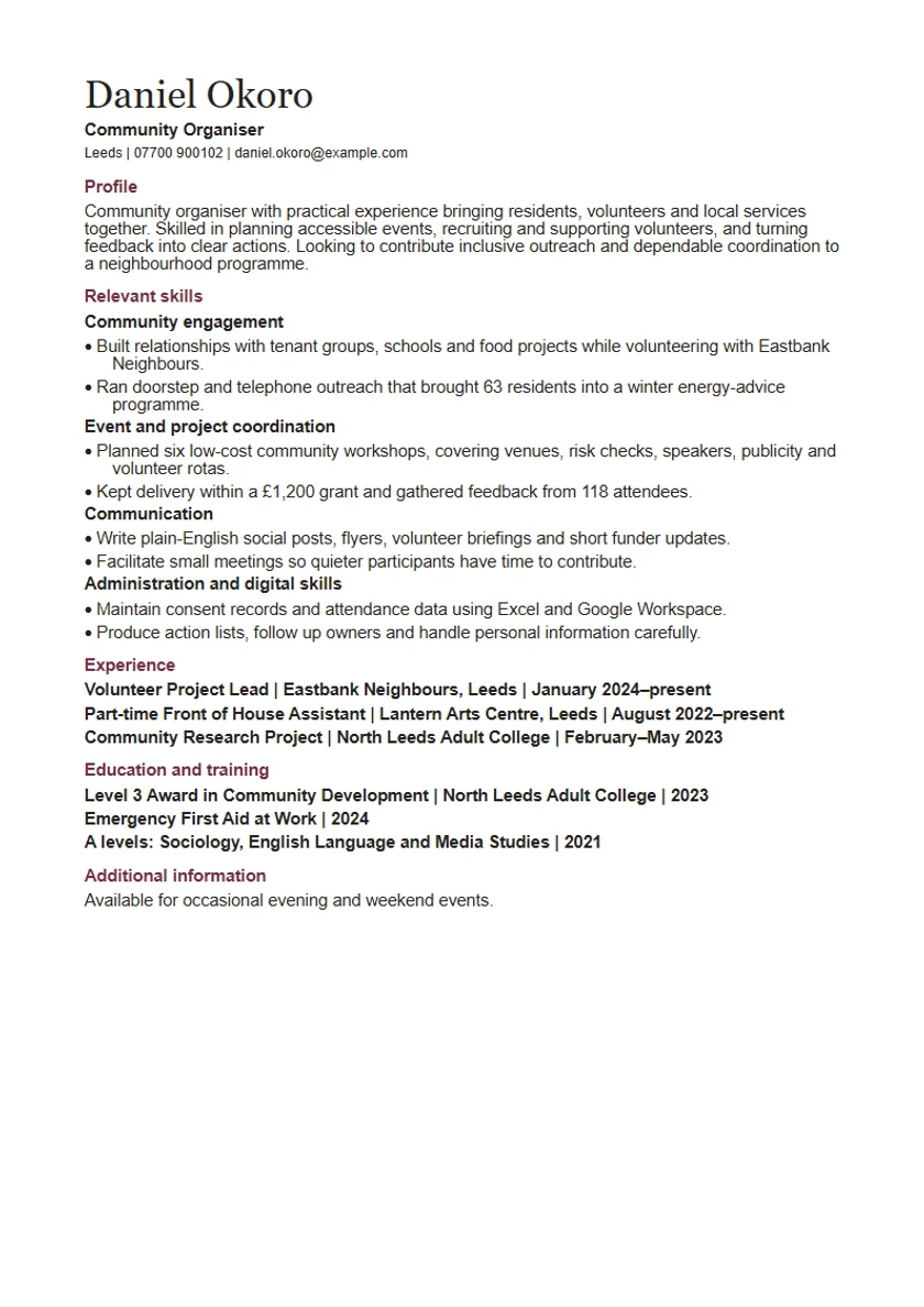 Skills-based CV template: first page of the fictional community organiser example, showing the section order Profile, Relevant skills, Experience, Education and training, Additional information.