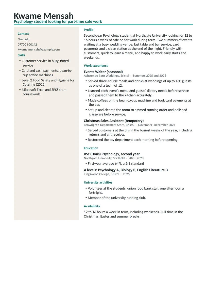 Student CV example for a part-time job: fictional example, page 1. Full text is available below.